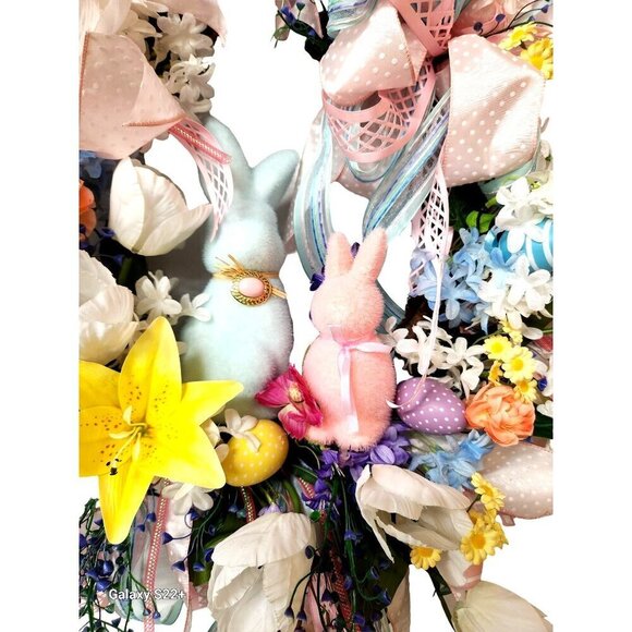 Spring Easter Wreath With Bunny Decorations Pastel Flowers & Ribbons 28" Diamete - Picture 7 of 7